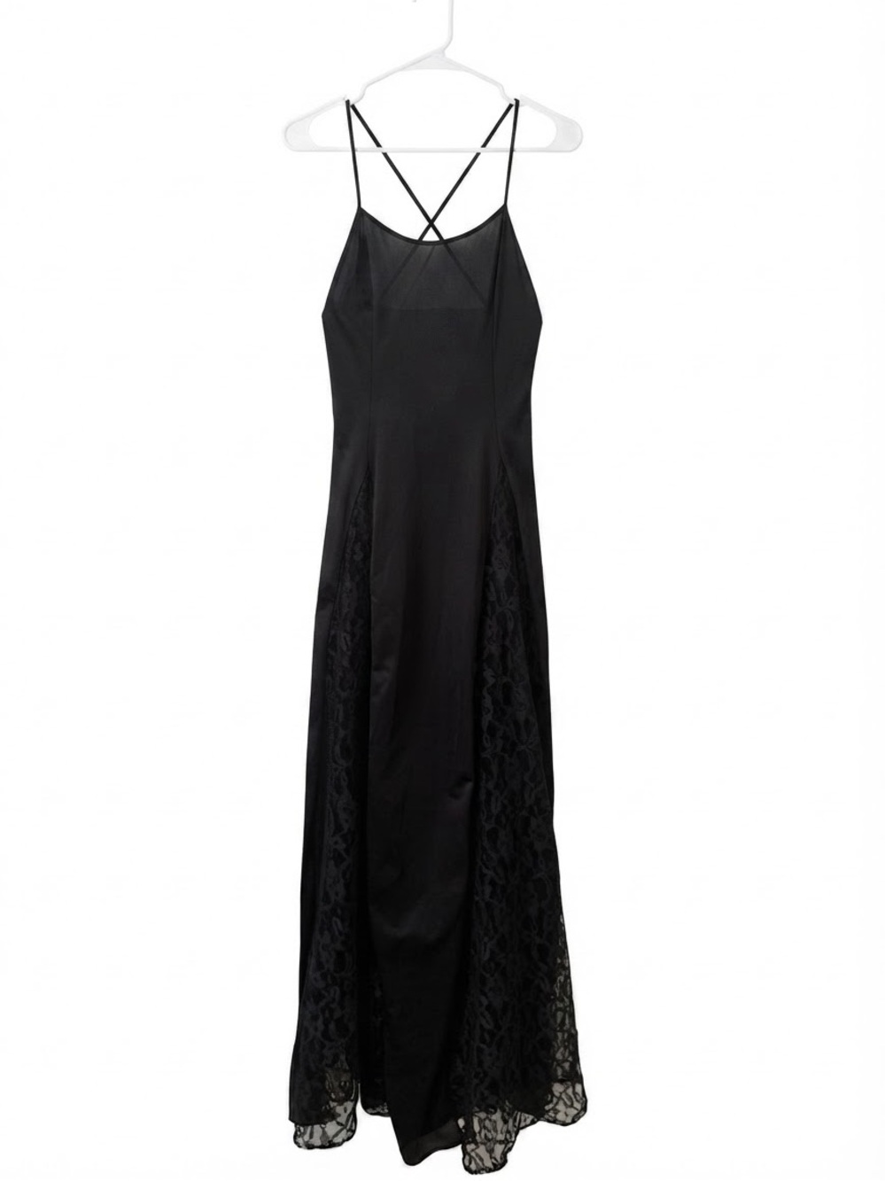 Vintage Petra Fashions Black Long Nylon Slip Nightgown Full Sweep Lace Panels
